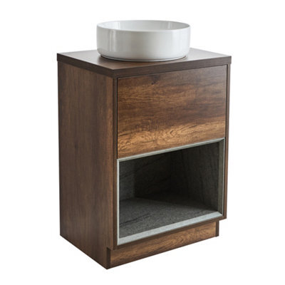 Homestylestore Dark Oak 600mm Bathroom Vanity Unit Open Shelf With Round Countertop Basin - image 1