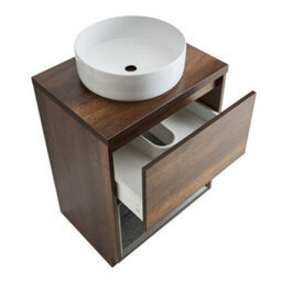Homestylestore Dark Oak 600mm Bathroom Vanity Unit Open Shelf With Round Countertop Basin - thumbnail 2
