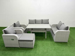 Fimous Pe Rattan Garden Furniture Set Reclining Chair Sofa Double Love Seat 2 Seater Sofa Lounge Set Big Footstool Light Grey - thumbnail 2
