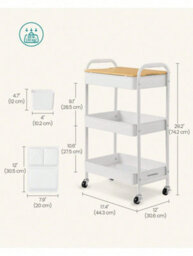 Songmics 3-Tier Storage Trolley, Rolling Cart With Table Top, 2 Removable Hanging Cups, 6 Side Pockets,office, Kitchen, Bathroom - thumbnail 7