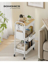 Songmics 3-Tier Storage Trolley, Rolling Cart With Table Top, 2 Removable Hanging Cups, 6 Side Pockets,office, Kitchen, Bathroom - thumbnail 2