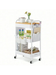 Songmics 3-Tier Storage Trolley, Rolling Cart With Table Top, 2 Removable Hanging Cups, 6 Side Pockets,office, Kitchen, Bathroom - thumbnail 5