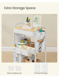 Songmics 3-Tier Storage Trolley, Rolling Cart With Table Top, 2 Removable Hanging Cups, 6 Side Pockets,office, Kitchen, Bathroom - thumbnail 4
