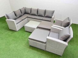 Fimous Outdoor Rattan Garden Furniture Set 10 Seater Corner Sofa Sets With Square Coffee Table Chair Big Footstools Light Grey - thumbnail 1