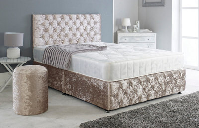 Adore Designs Chesterfield Crushed Velvet Divan Bed, Ortho Mattress, Footboard & Round Stool - 3Ft Single - Champagne - 2 Drawers Right Side - image 1