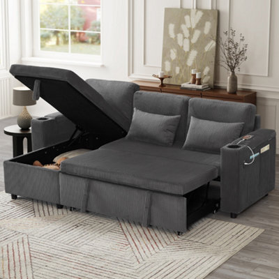 Btm 3 In 1 Convertible Corduroy Sofa Bed L Shaped Sleeper Sofa With Storage Chaise Charging Station Grey