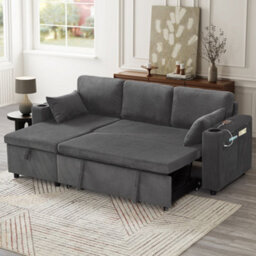 Btm 3 In 1 Convertible Corduroy Sofa Bed L Shaped Sleeper Sofa With Storage Chaise Charging Station Grey - thumbnail 3