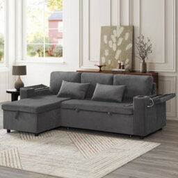 Btm 3 In 1 Convertible Corduroy Sofa Bed L Shaped Sleeper Sofa With Storage Chaise Charging Station Grey - thumbnail 2