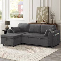 Btm 3 In 1 Convertible Corduroy Sofa Bed L Shaped Sleeper Sofa With Storage Chaise Charging Station Grey - thumbnail 7