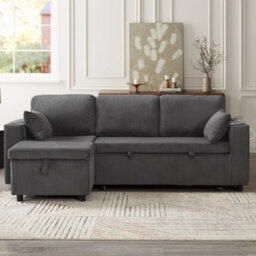 Btm 3 In 1 Convertible Corduroy Sofa Bed L Shaped Sleeper Sofa With Storage Chaise Charging Station Grey - thumbnail 6