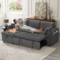Btm 3 In 1 Convertible Corduroy Sofa Bed L Shaped Sleeper Sofa With Storage Chaise Charging Station Grey - thumbnail 5