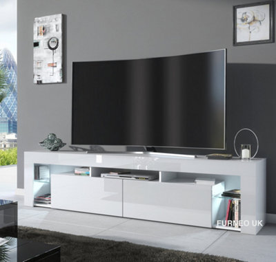 Furneo White Tv Stand 200Cm Cabinet Unit Matt & High Gloss Milano 06 White Led Lights - image 1