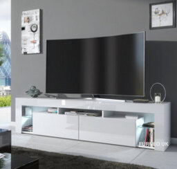 Furneo White Tv Stand 200Cm Cabinet Unit Matt & High Gloss Milano 06 White Led Lights - thumbnail 1