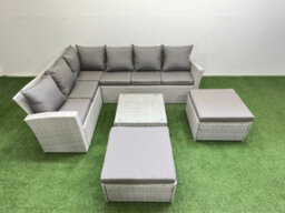 Fimous Outdoor Rattan Garden Furniture Set 8 Seater Corner Sofa Sets With Square Coffee Table 2 Big Footstools Light Grey Mixed - thumbnail 2
