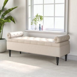 Living And Home Beige Linen Upholstered Storage Ottoman Bench Bed End Bench With Rubberwood Legs W 1260 X D 440 X H 460 mm