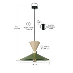Luminosa Lighting Luminosa Amaris Dome Pendant Ceiling Light Beige Green 1X E27 - thumbnail 3