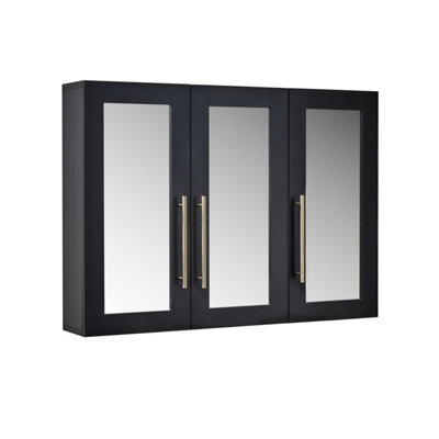 Homestylestore 900 X 650mm Black Grey Wall Mounted Mirrored Door Bathroom Cabinet And Brushed Brass T Bar Handles - image 1