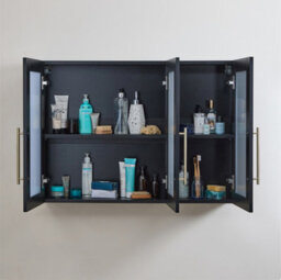 Homestylestore 900 X 650mm Black Grey Wall Mounted Mirrored Door Bathroom Cabinet And Brushed Brass T Bar Handles - thumbnail 2