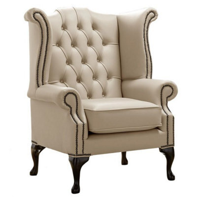 Chesterfield High Back Wing Chair Shelly Pebble Leather Bespoke In Queen Anne Style - image 1