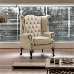 Chesterfield High Back Wing Chair Shelly Pebble Leather Bespoke In Queen Anne Style - thumbnail 2