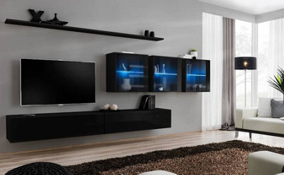 Arte Switch Xvii Black Gloss Entertainment Unit For Tvs Up To 49 Inch - Sleek Wall Display With Led-Lit Glass Cabinets