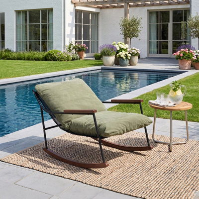 Living And Home Retro Rocking Chair With Green Corduroy Cushion And Wooden Armrests, 68Cm (W) X 110Cm (D) X 75Cm (H) - image 1