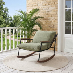 Living And Home Retro Rocking Chair With Green Corduroy Cushion And Wooden Armrests, 68Cm (W) X 110Cm (D) X 75Cm (H) - thumbnail 2