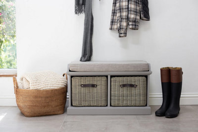 Statement Furniture Tetbury Bench With 2 Grey Faux Rattan Baskets And Grey Cushion- Dove Grey - image 1
