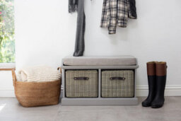 Statement Furniture Tetbury Bench With 2 Grey Faux Rattan Baskets And Grey Cushion- Dove Grey - thumbnail 1