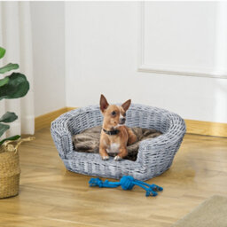 Pawhut Elevated Dog Cat Sofa Pet Basket Bed Wicker Willow Rattan W/cushion - thumbnail 1