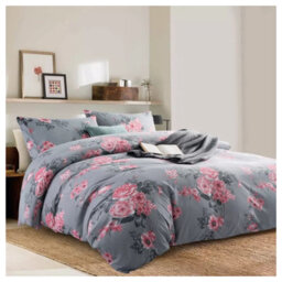 Ameha Printed Duvet Cover 3Piece Set With Matching Pillowcase Reversible Grey Bouquet Pattern Bedding Set Double (200X200Cm) - thumbnail 4