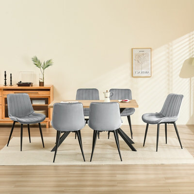 Longtoo Set Of 6 Dining Chairs With Velvet Upholstered Seat & Backrest,stable Metal Legs,modern Stripe Design,grey
