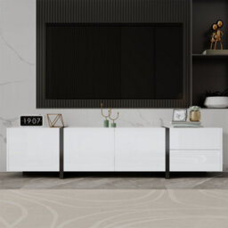 Btm Tv Cabinet, Low Panel, White High-Gloss Cabinet And Black Contrasting Table Legs, With Simple Cabinet Doors And Drawers. - thumbnail 2