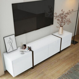 Btm Tv Cabinet, Low Panel, White High-Gloss Cabinet And Black Contrasting Table Legs, With Simple Cabinet Doors And Drawers. - thumbnail 4