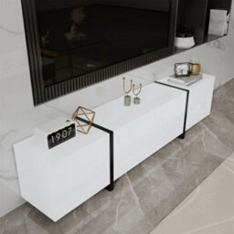 Btm Tv Cabinet, Low Panel, White High-Gloss Cabinet And Black Contrasting Table Legs, With Simple Cabinet Doors And Drawers. - thumbnail 8