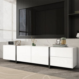 Btm Tv Cabinet, Low Panel, White High-Gloss Cabinet And Black Contrasting Table Legs, With Simple Cabinet Doors And Drawers. - thumbnail 9