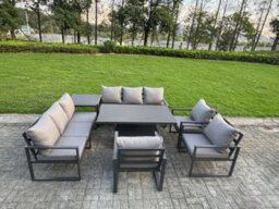 Fimous 7 Piece Garden Furniture Set 9-Seater Aluminium With Adjustable Rising Lifting Dining Table & Cushions Side Table Dark Grey - thumbnail 2