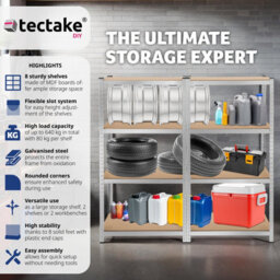 Tectake Garage Shelving - Heavy-Duty Galvanised Steel Frame, Height-Adjustable Shelves - 160 X 40 X 160 Cm - 640 Kg - Silver - thumbnail 2