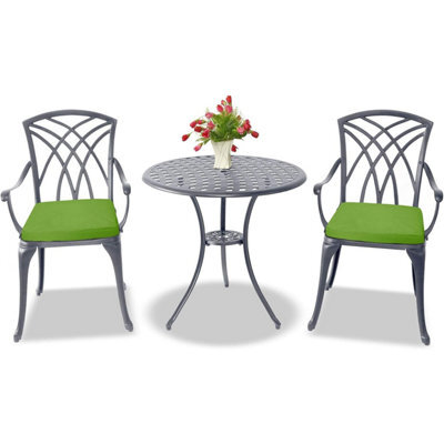 Homeology Oshowa Grey Aluminium Weatherproof Outdoor Table And 2 Chairs With Armrests Bistro Set With Green Cushions - image 1