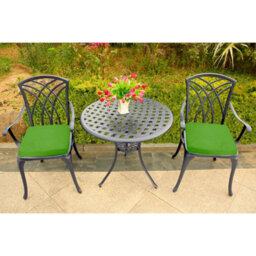 Homeology Oshowa Grey Aluminium Weatherproof Outdoor Table And 2 Chairs With Armrests Bistro Set With Green Cushions - thumbnail 4