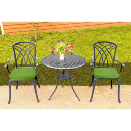 Homeology Oshowa Grey Aluminium Weatherproof Outdoor Table And 2 Chairs With Armrests Bistro Set With Green Cushions - thumbnail 6