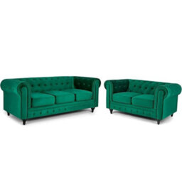 BlissFurniture Ltd Velvet Chesterfield 3+2 Seater Sofa Set Plush Velvet Upholstery Foam Seat Cushions Scroll Arms Button Studded Back In Green