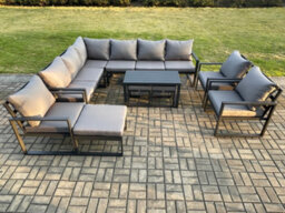 Fimous Aluminum 12 Seater Outdoor Lounge Corner Sofa Set Garden Furniture Sets With Oblong Coffee Table 3 Chairs 3 Footstools - thumbnail 2