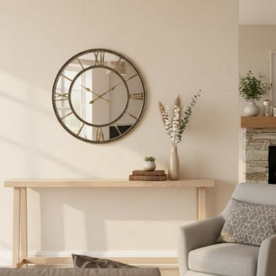 Deenz Large Round Mirror Beaded Wall Clock Vintage Brass Finished Roman Numeral Luxury Mirror Home Office Living Room Dia 56Cm