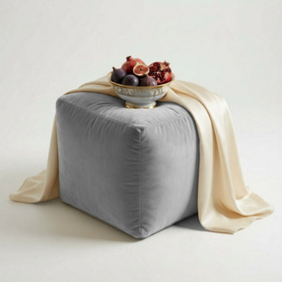 Kosi Atelier Kosiatelier Bean Bag Velvet Footstool Ottomona Cube Pouf Chair Pouffe, Polystyrene Beads Filled - Silver, 45Cm X 45Cm X 45Cm - image 1