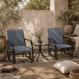 Wyld Haus Banafa 3-Piece Outdoor Glider Rocking Bistro Set With 2 Chairs And Square Glass Table, Grey/brown