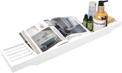 Mantraraj Bamboo Bath Caddy Tray Bridge White Bathtub Tray Rack Tidy Bathroom Shelf Organizer Storage - image 1