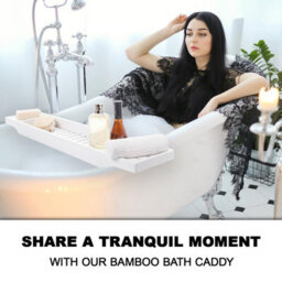 Mantraraj Bamboo Bath Caddy Tray Bridge White Bathtub Tray Rack Tidy Bathroom Shelf Organizer Storage - thumbnail 8