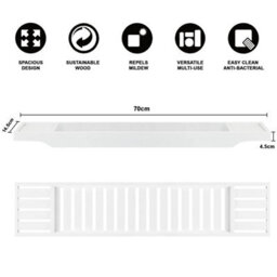 Mantraraj Bamboo Bath Caddy Tray Bridge White Bathtub Tray Rack Tidy Bathroom Shelf Organizer Storage - thumbnail 4