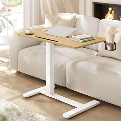 Adjustable Overbed Side Table With Wheels, Mobile Standing Desk With Cup Holders, Golden Oak - image 1